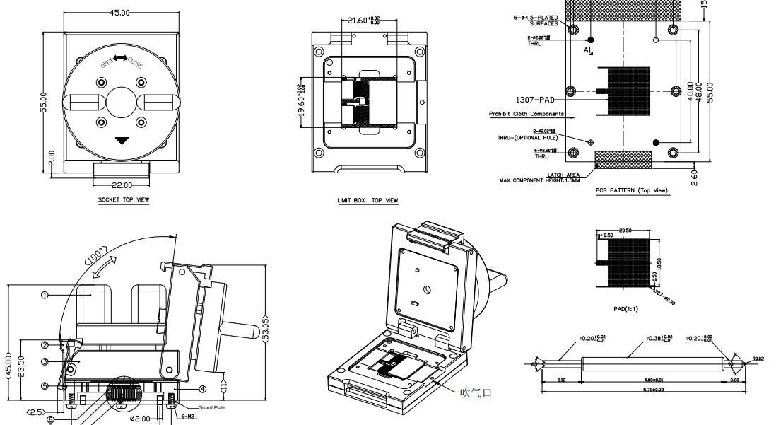 BGA1307 burn in socket design drawing