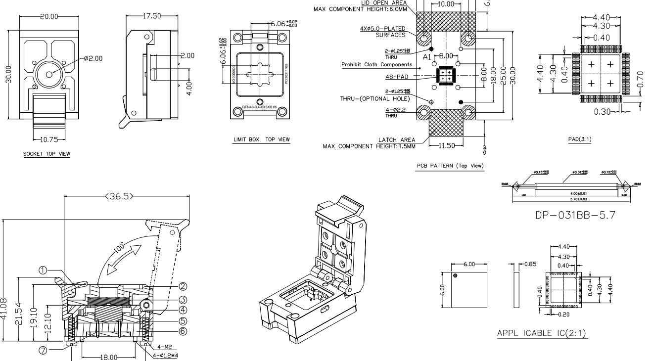 QFN48-0.4-6x6 customized MCU burn in socket drawing