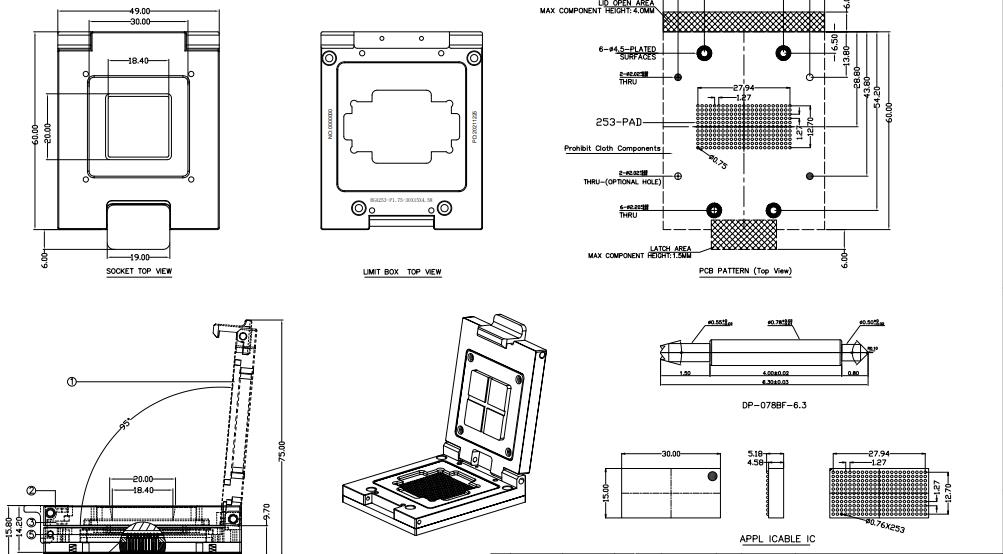 BGA253-1.27 knob clamshell burn in socket drawing